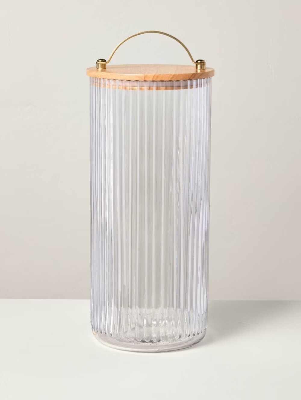 Hearth & Hand NWT 80oz Fluted Glass Storage Jar With Wood Lid And Brass Handle